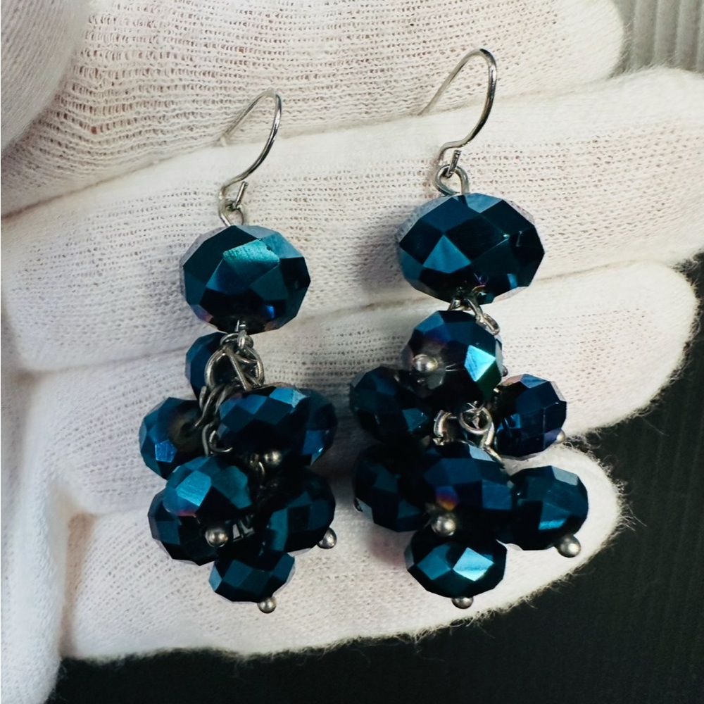 Navy Blue AB Crystal Bead Dangle Cluster Cha Cha Earrings French Wire Hook